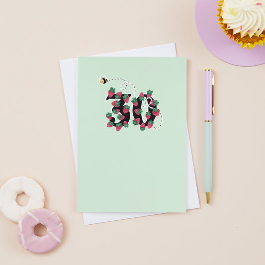 Strawberries and Bee 30th Birthday Green Card