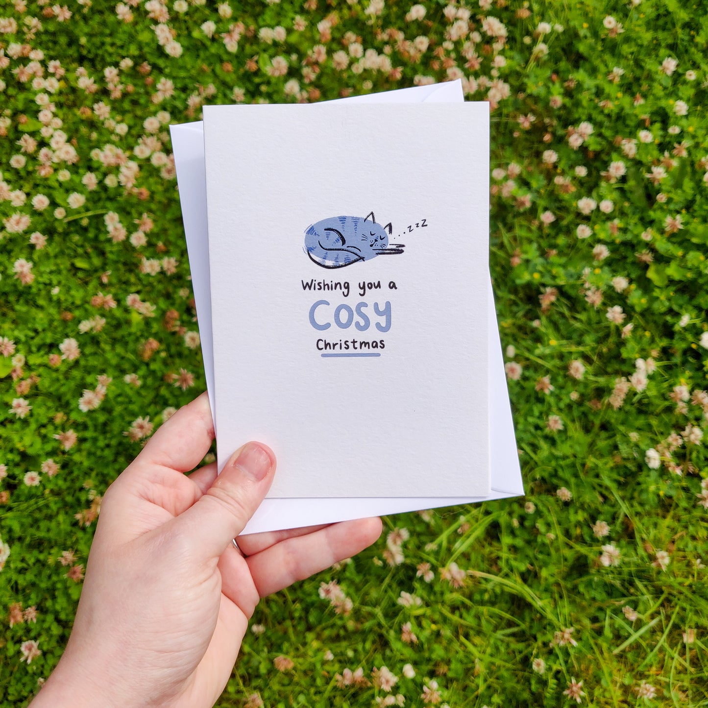 Blue Cosy Cat Christmas Card