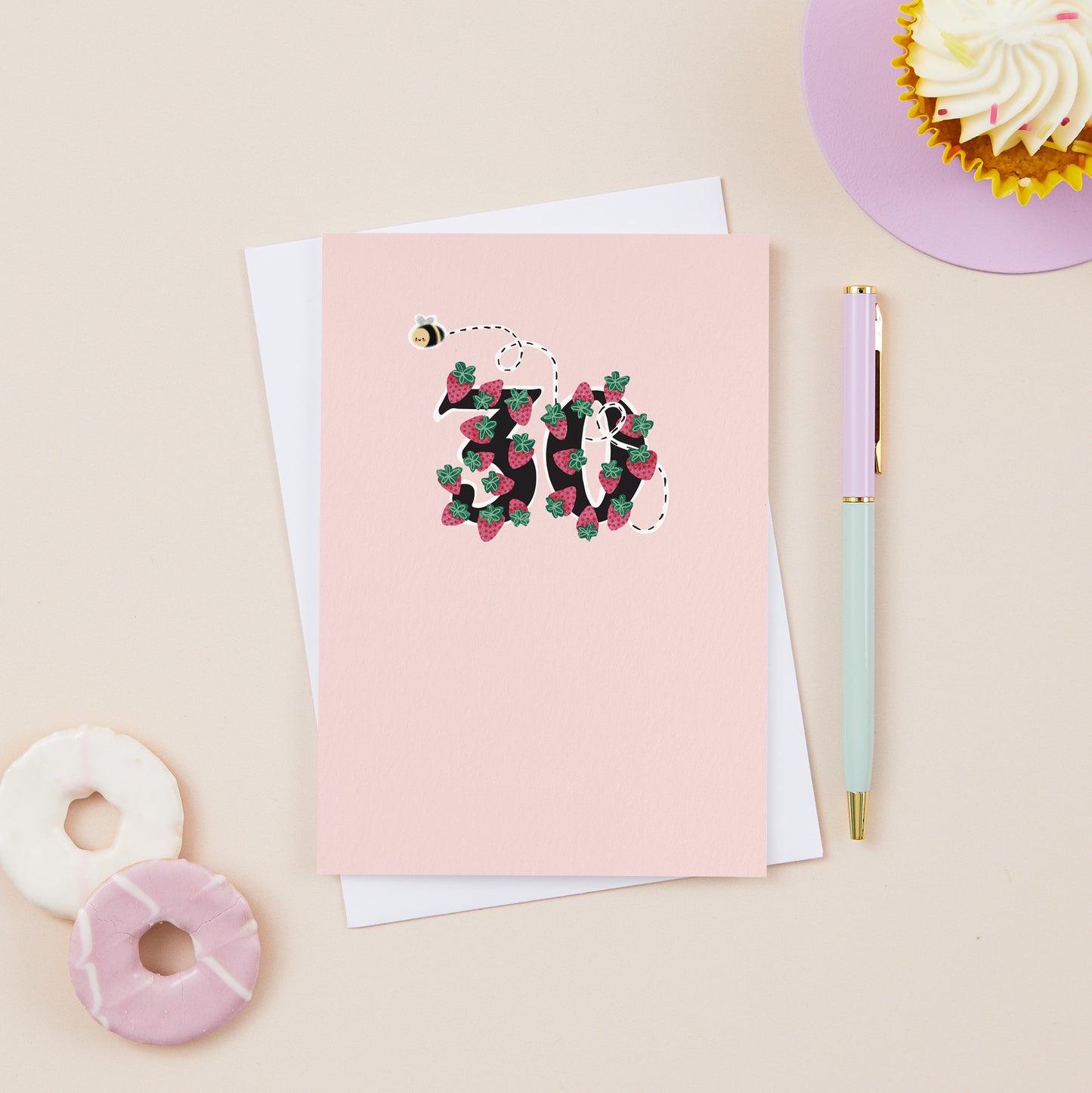 30 Milestone Strawberries and Bee Pink Card