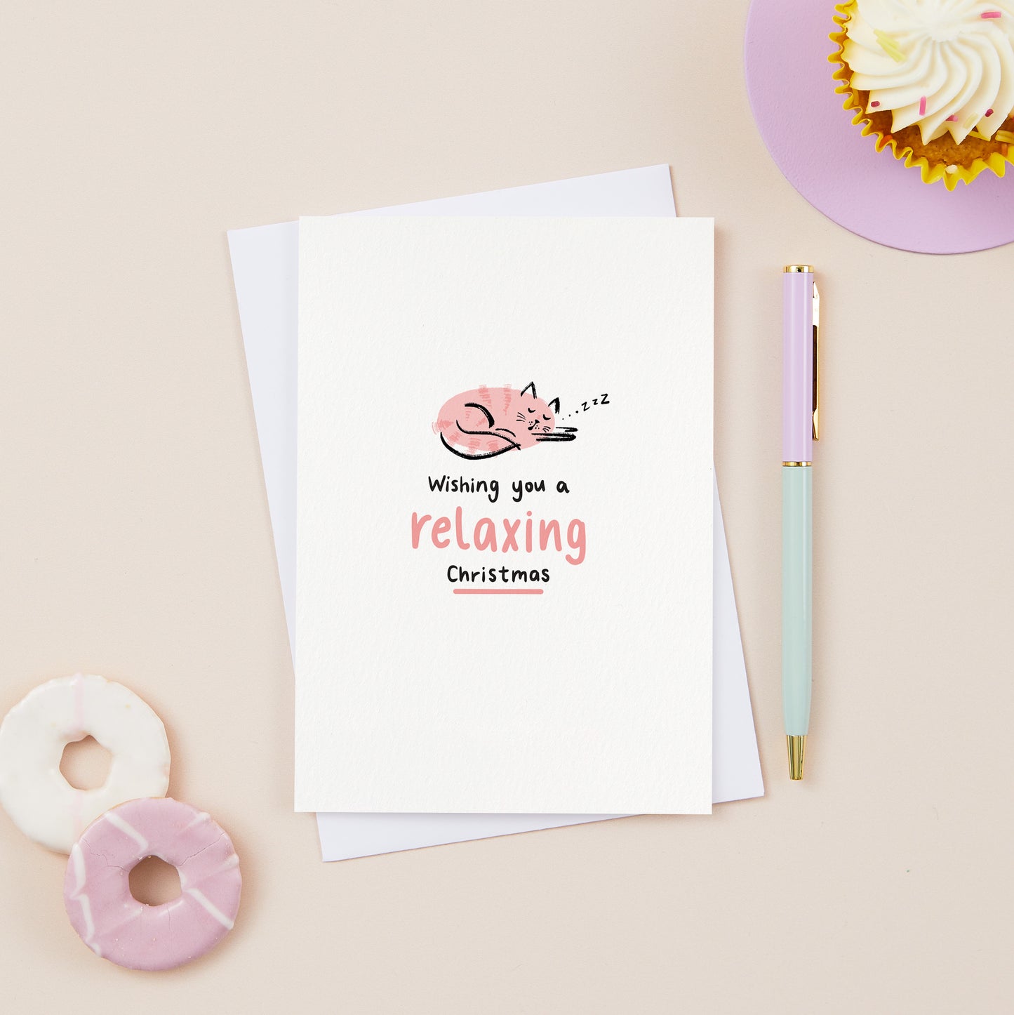 Pink Cosy Cat Christmas Card