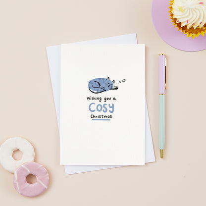 Blue Cosy Cat Christmas Card