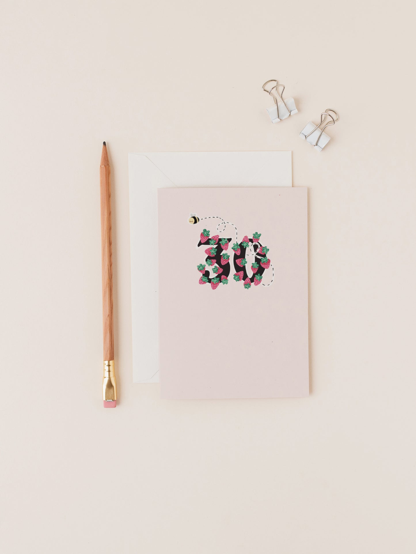Strawberries and Bee 30th Birthday Pink Card