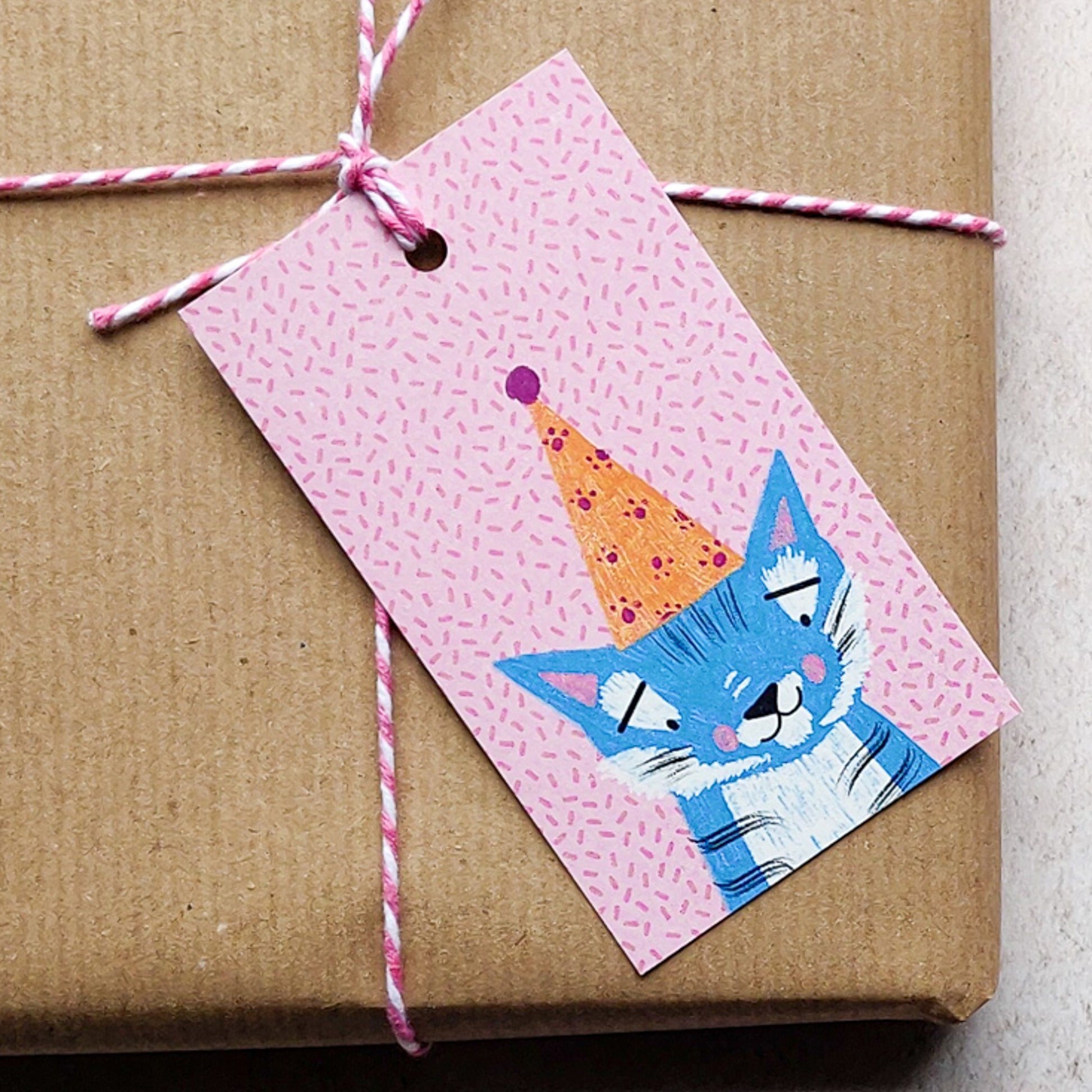 A gift tag featuring an illustration of a blue tiger with a party hat, tied to a brown package with a pink and white string.