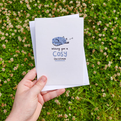 Blue Cosy Cat Christmas Card