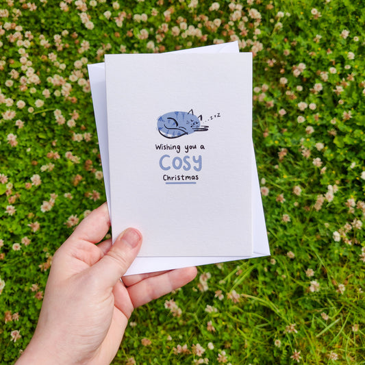 Blue Cosy Cat Christmas Card